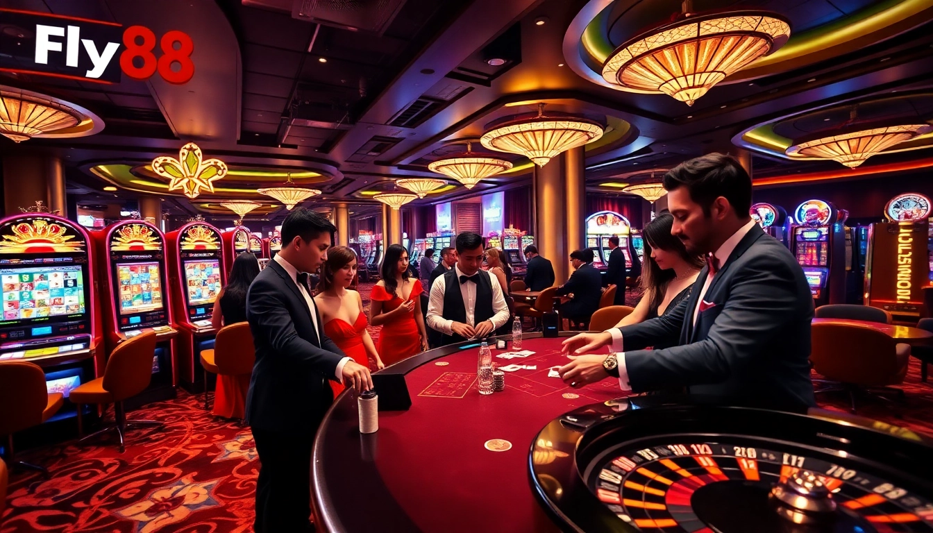 Experience the excitement at Fly88's casino tables with vibrant players and dazzling slot machines.