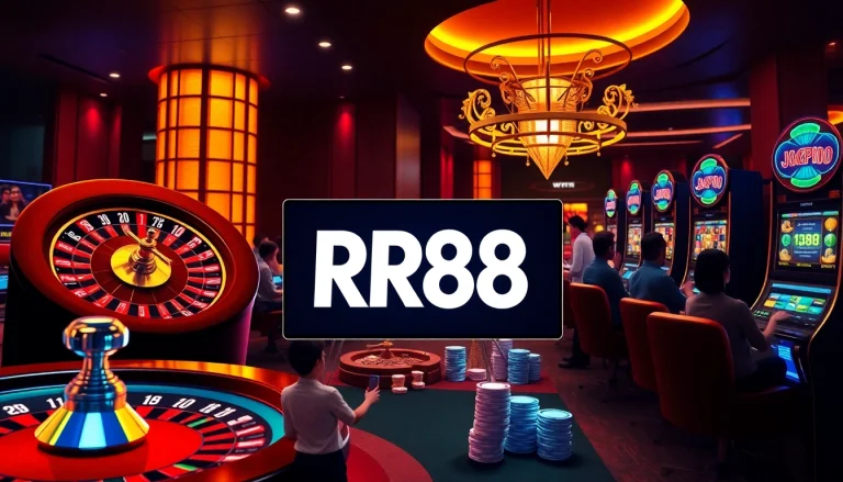 Players enjoying the RR88 online casino experience with vibrant slot machines and high-stakes poker.