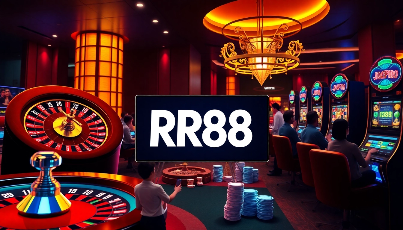 Players enjoying the RR88 online casino experience with vibrant slot machines and high-stakes poker.