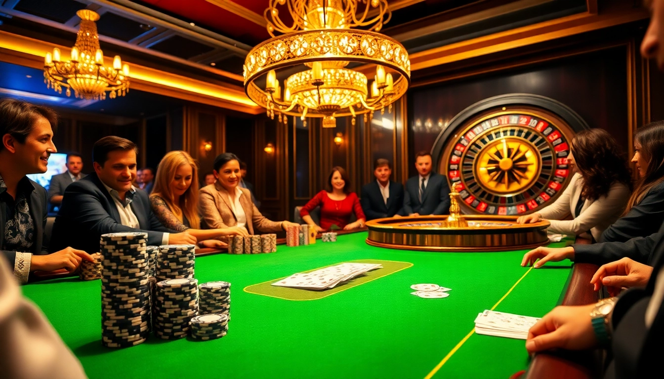 Experience excitement at mg188 with players strategizing around a luxury casino table filled with poker chips.