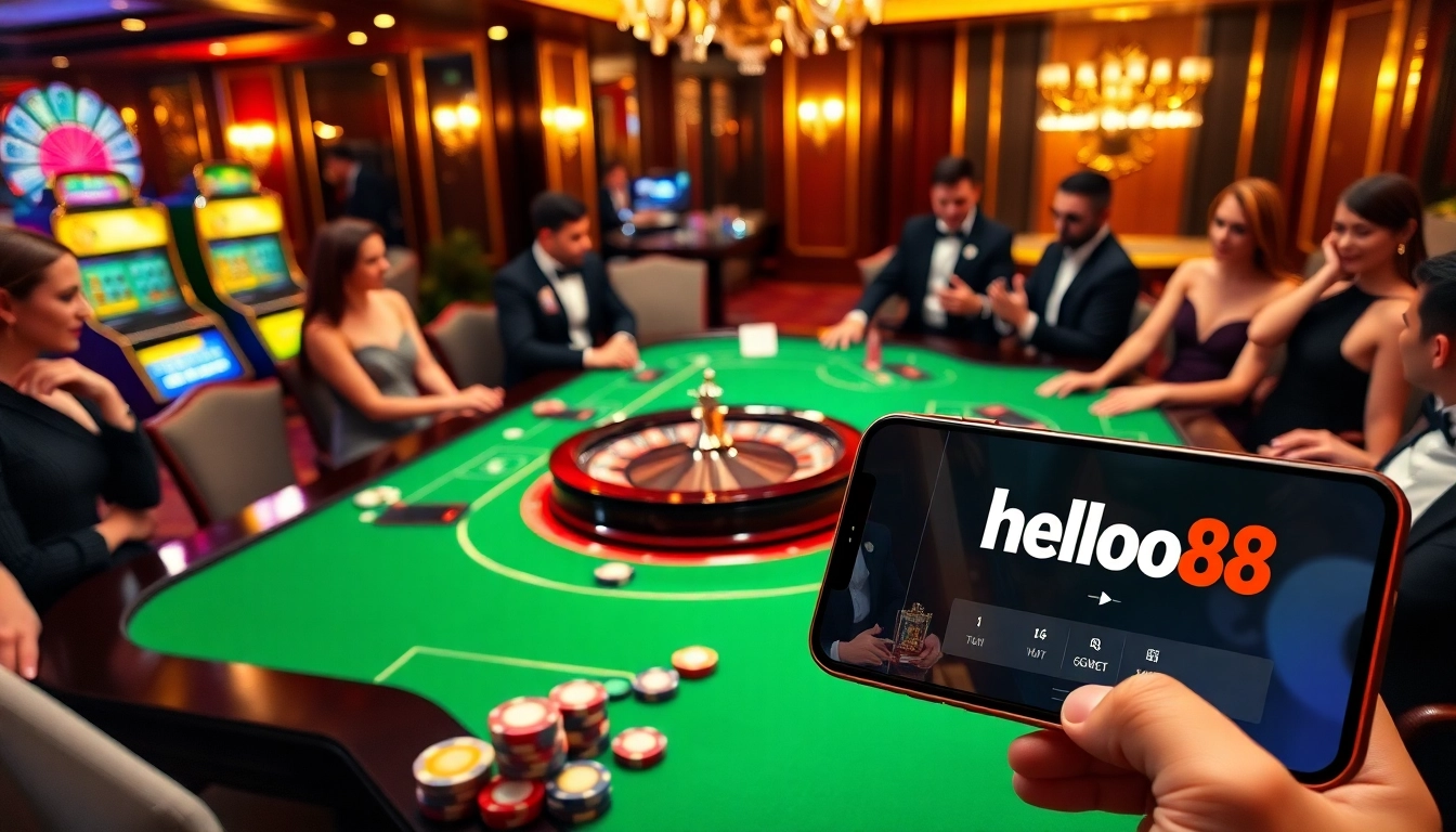 Hello88 thrills players with an upscale casino scene featuring roulette, poker chips, and vibrant gaming elements.