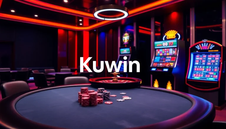 Kuwin casino experience featuring a vibrant poker table, roulette wheel, and slot machine.