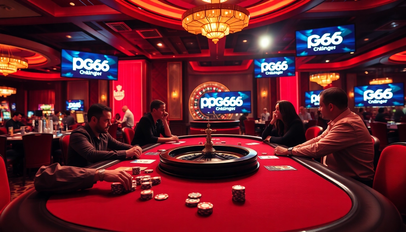 PG66 players enjoying a thrilling poker game at a luxurious casino table.