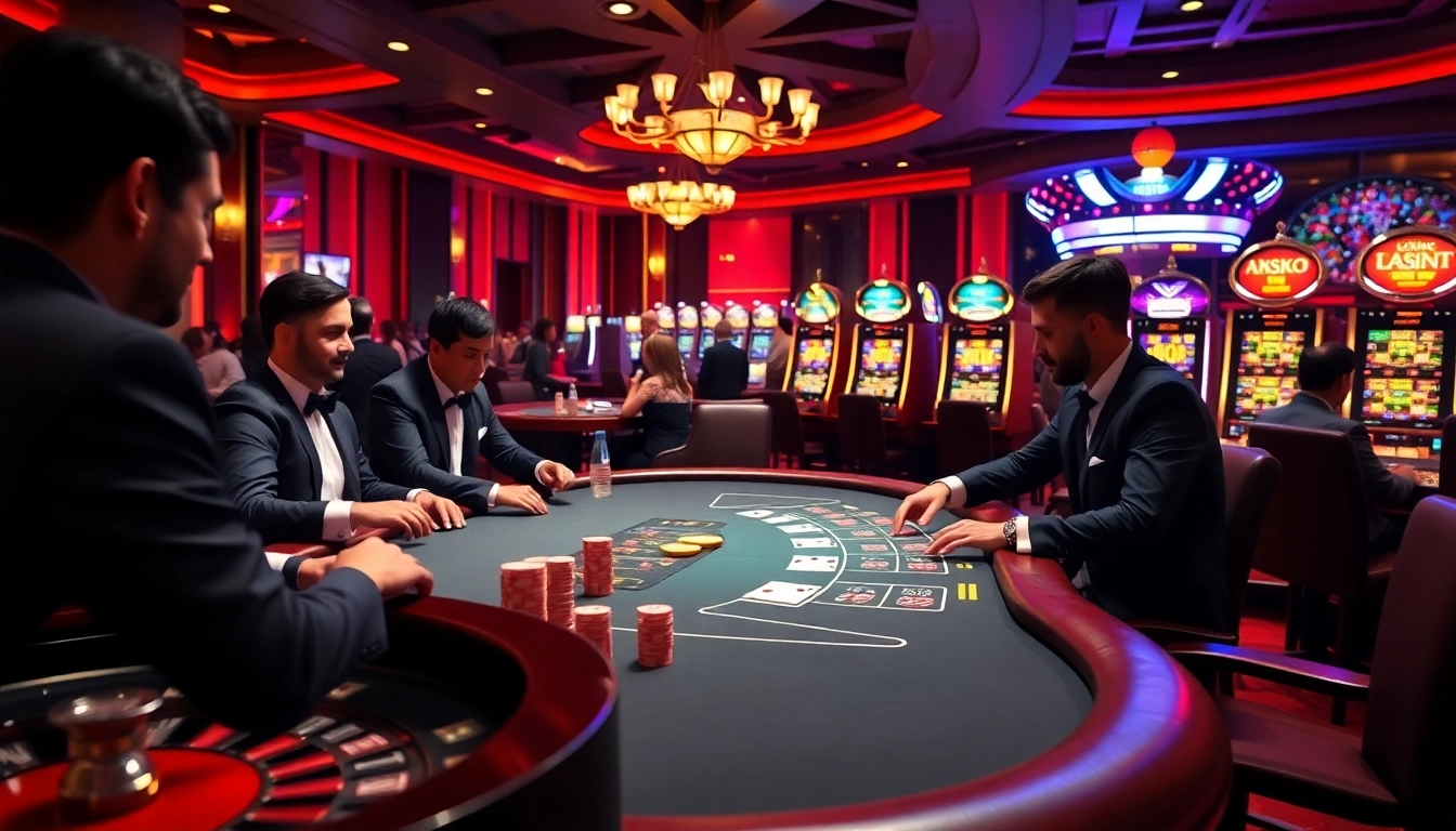 AX88 casino scene with vibrant gaming tables, poker chips, and roulette wheels.