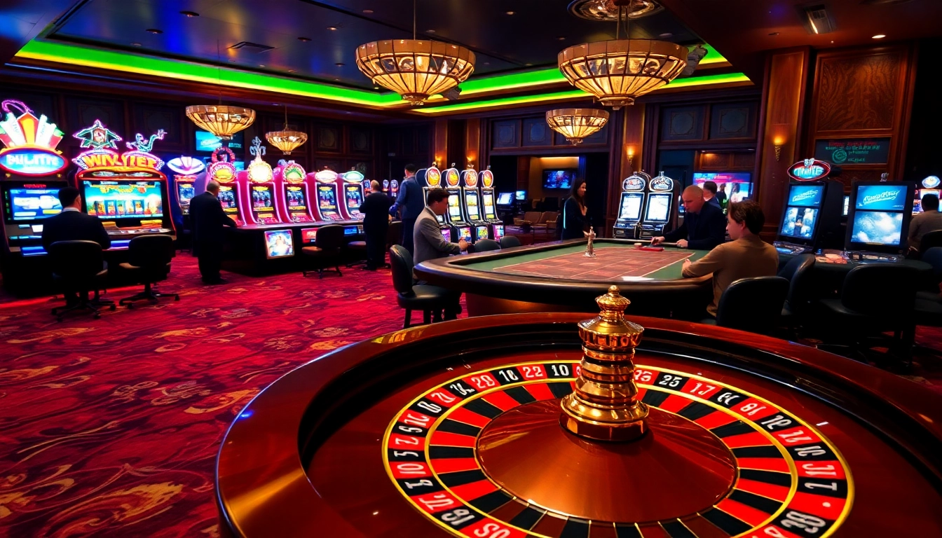 Experience winning excitement with PH22 in a vibrant casino atmosphere with poker tables and roulette wheels.