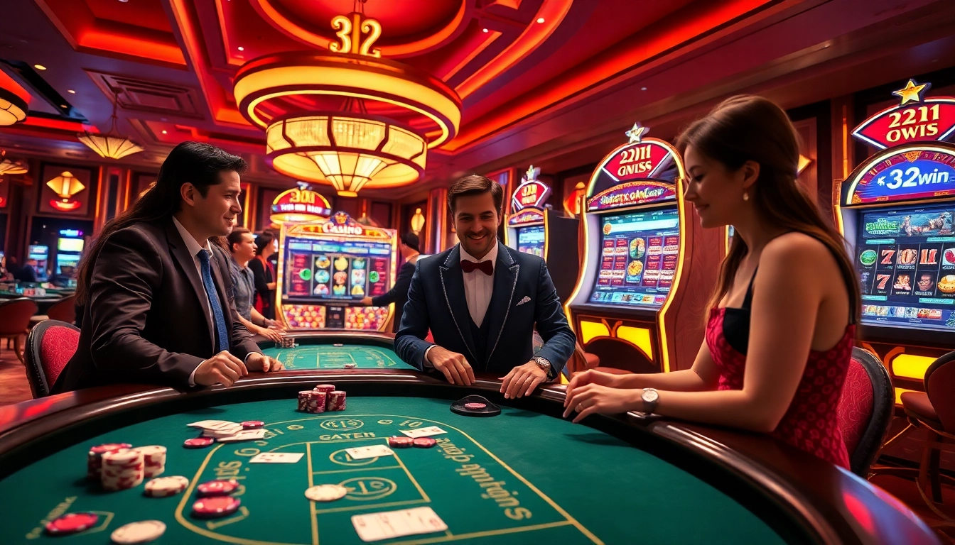 32win players celebrate winning at baccarat in an elegant casino setting.