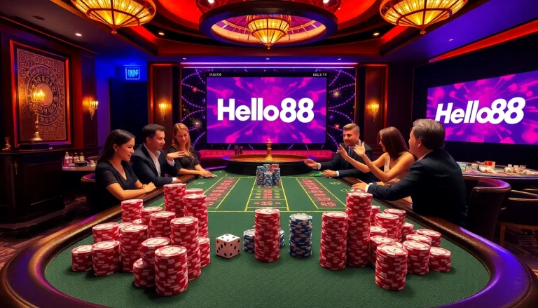 Hello88 casino scene showcasing poker chips and a roulette wheel in an upscale atmosphere.