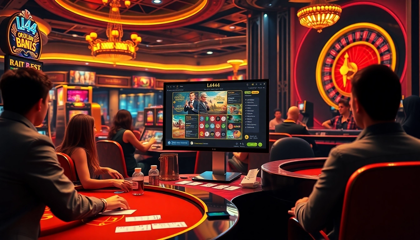 L444 online casino scene showcasing vibrant gaming elements, slot machines, and poker tables.