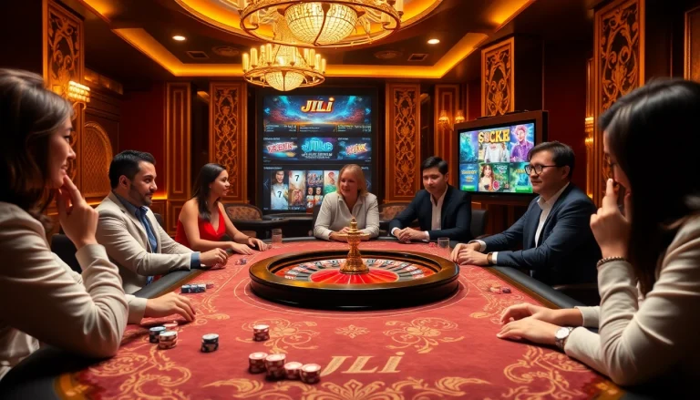 Players enjoying a thrilling JILI gaming experience at an elegant casino table filled with vibrant bet elements.