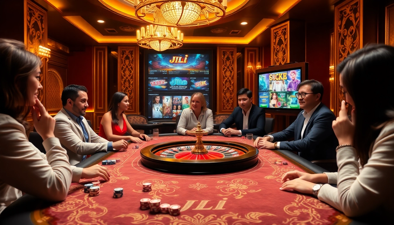 Players enjoying a thrilling JILI gaming experience at an elegant casino table filled with vibrant bet elements.