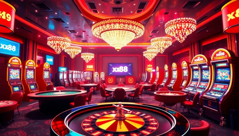 Exciting casino scene featuring xx88 branding with players at poker tables and slot machines.
