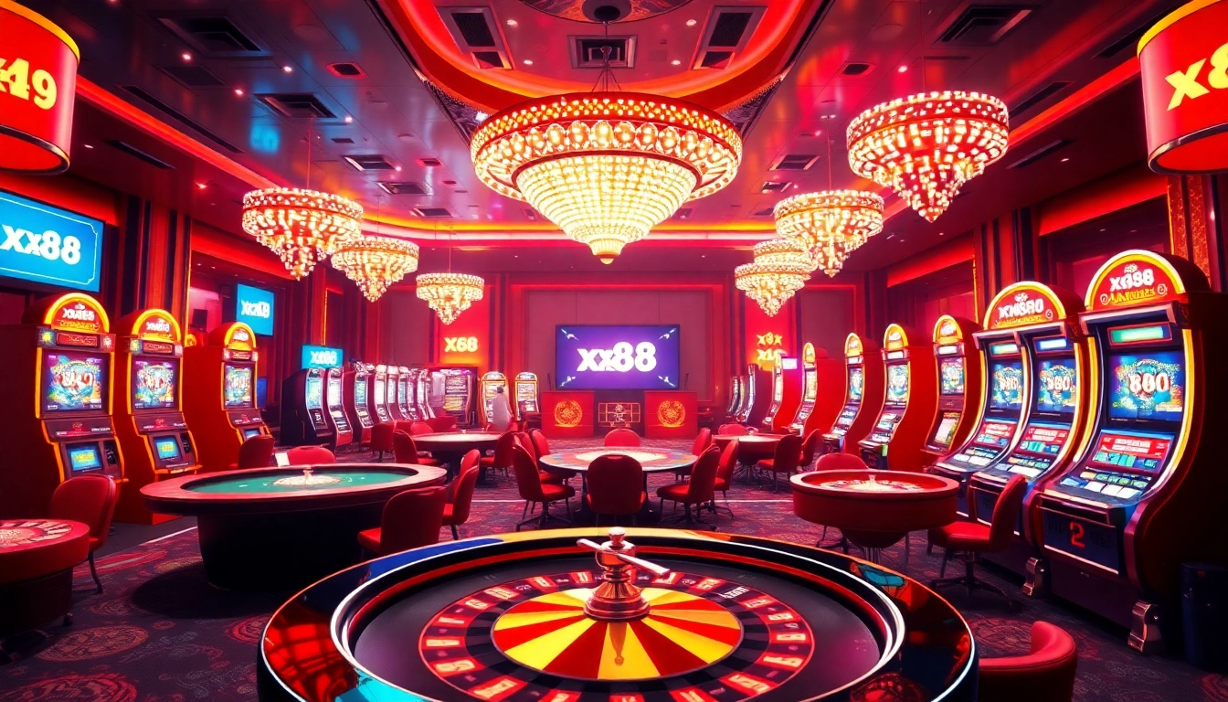 Exciting casino scene featuring xx88 branding with players at poker tables and slot machines.