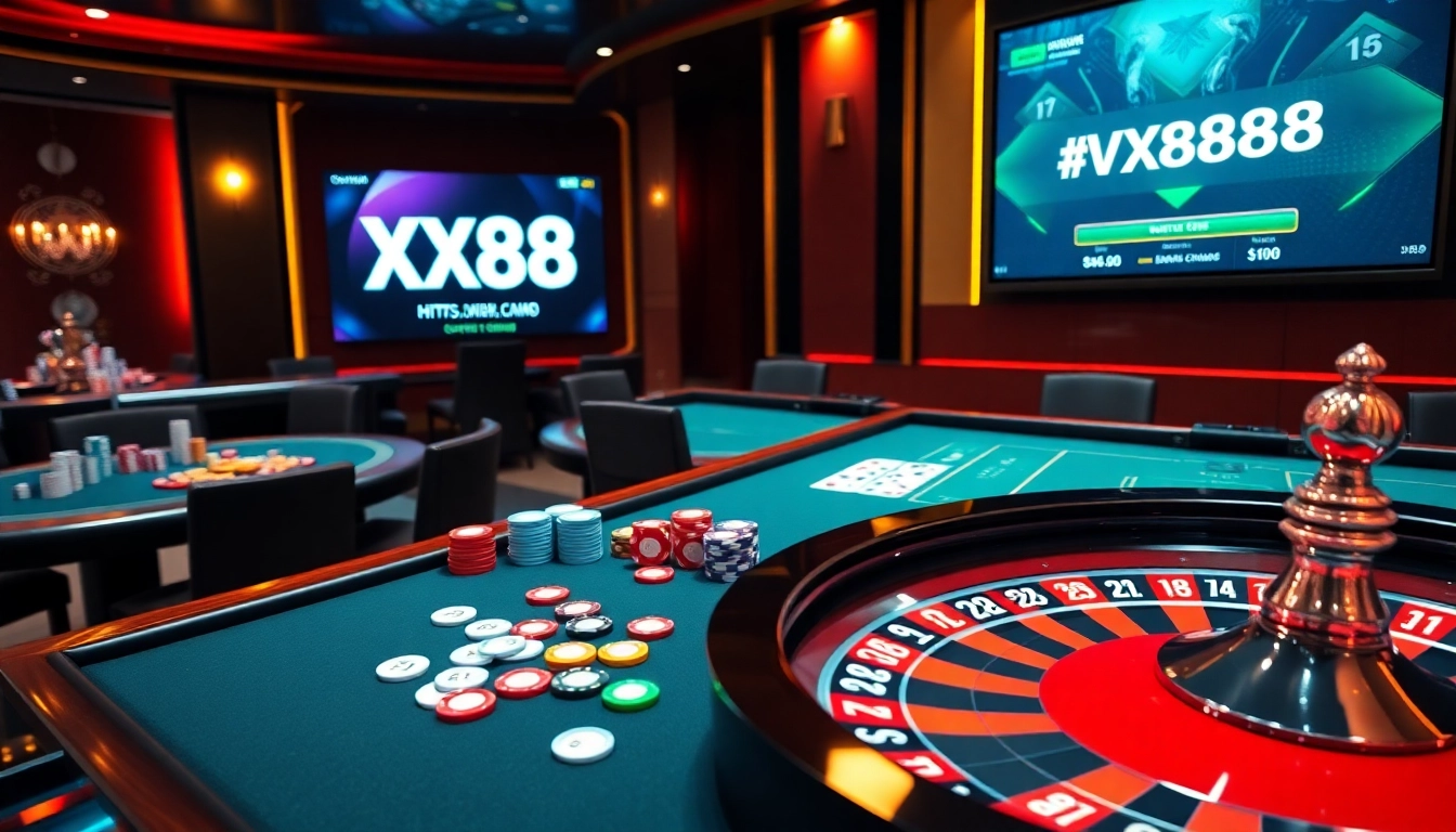 Experience exciting online gambling at https://xx88.cheap/ with a vibrant casino scene featuring colorful chips and cards.