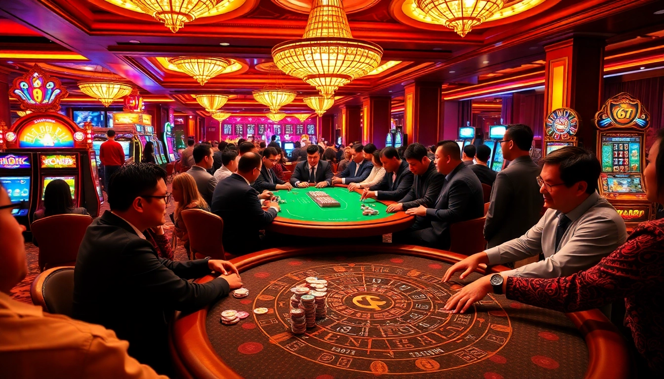 Exciting moment at Đá Gà Thomo BJ888 with players engaging in a live chicken fight in a luxurious casino setting.