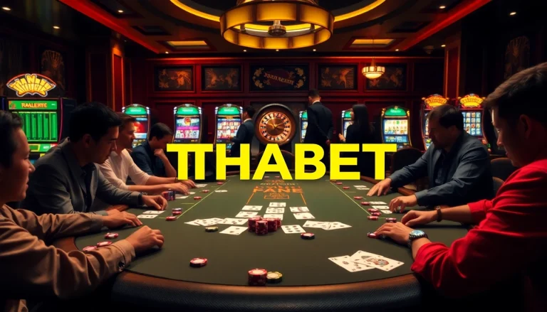Experience the excitement at THABET with players at a poker table in an upscale casino setting.