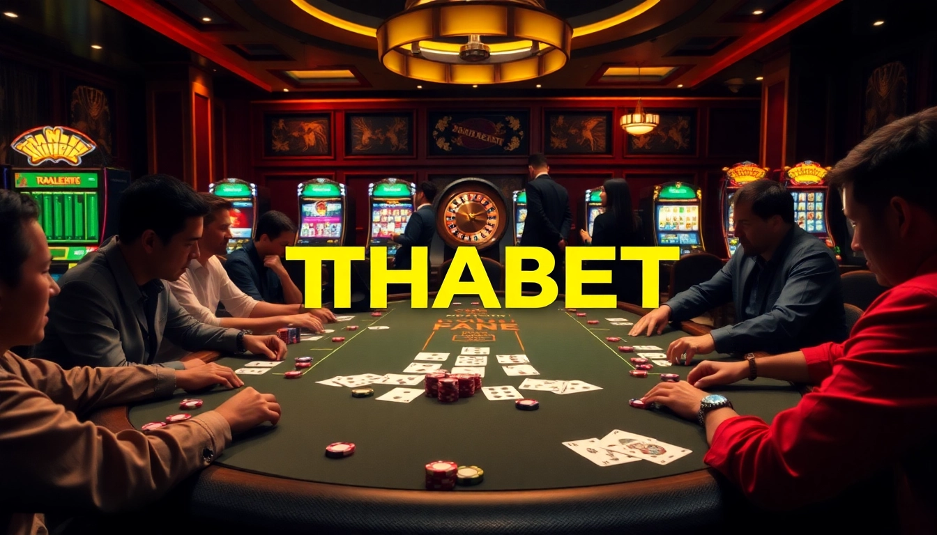 Experience the excitement at THABET with players at a poker table in an upscale casino setting.