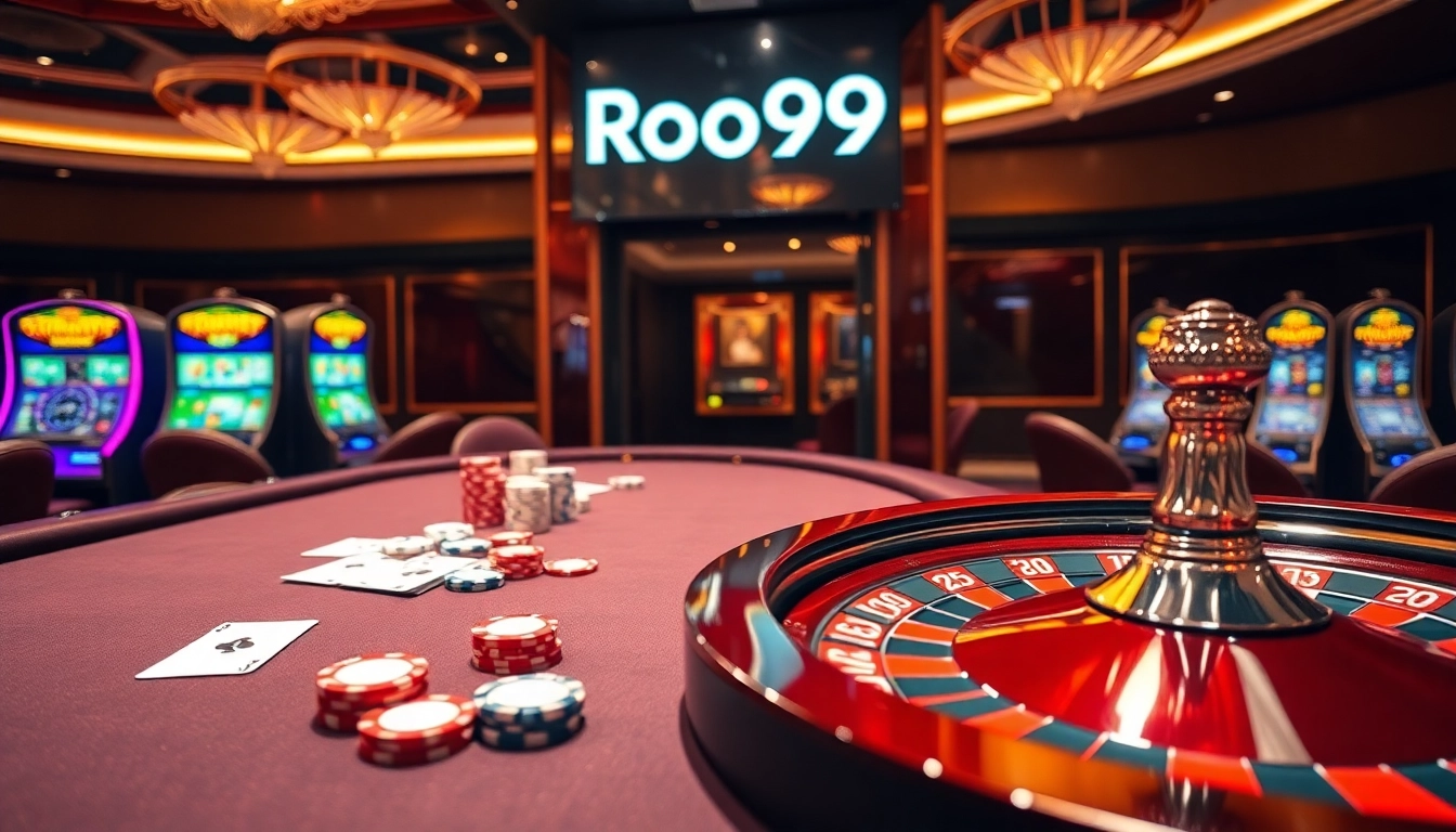 Experience the thrill of Roo99 gaming with vibrant poker chips, cards, and a spinning roulette wheel.