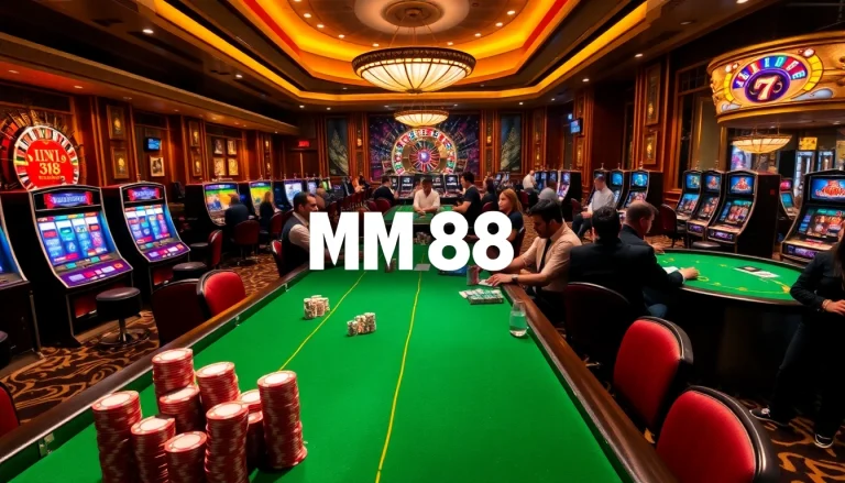 Engaging scene of MM 88 casino tables filled with players and colorful poker chips.