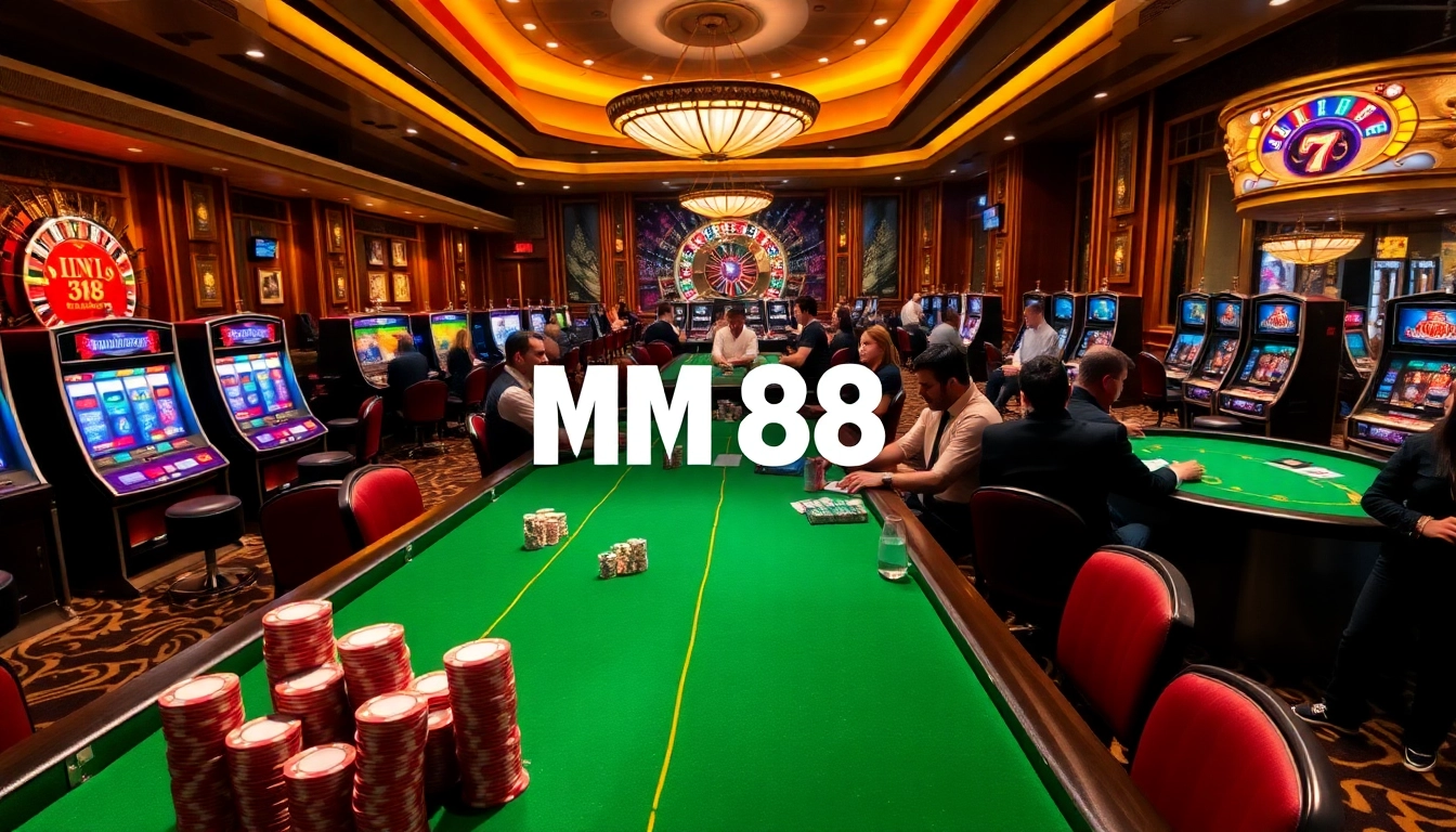 Engaging scene of MM 88 casino tables filled with players and colorful poker chips.