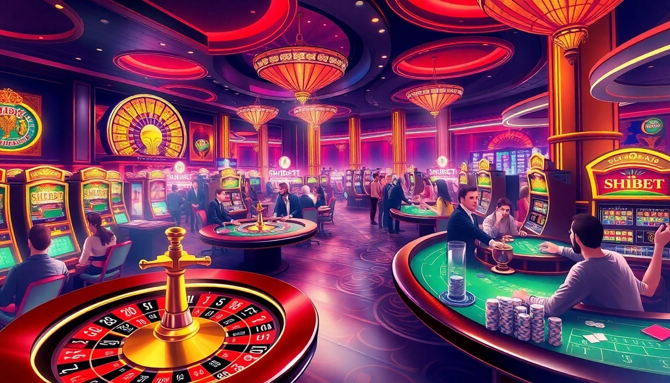 SHBET casino players enjoying a thrilling game at vibrant casino tables with roulette and poker.