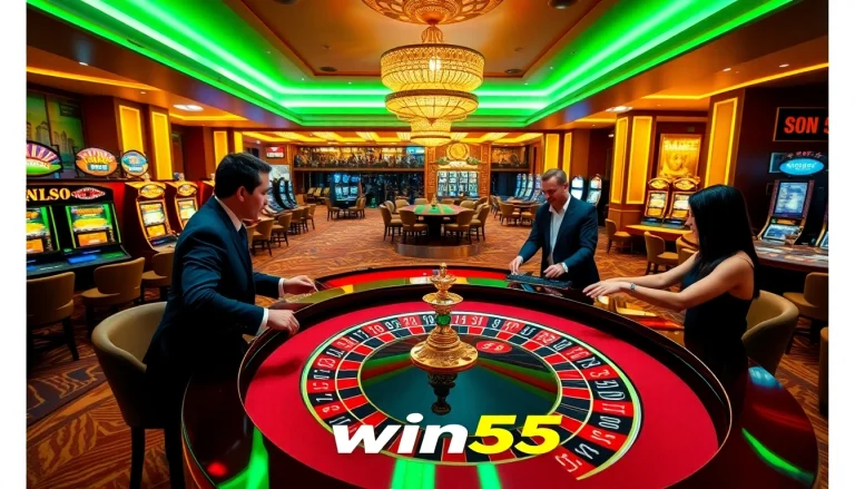 Experience the excitement at win55 casino with players engaged in thrilling roulette and slot games.