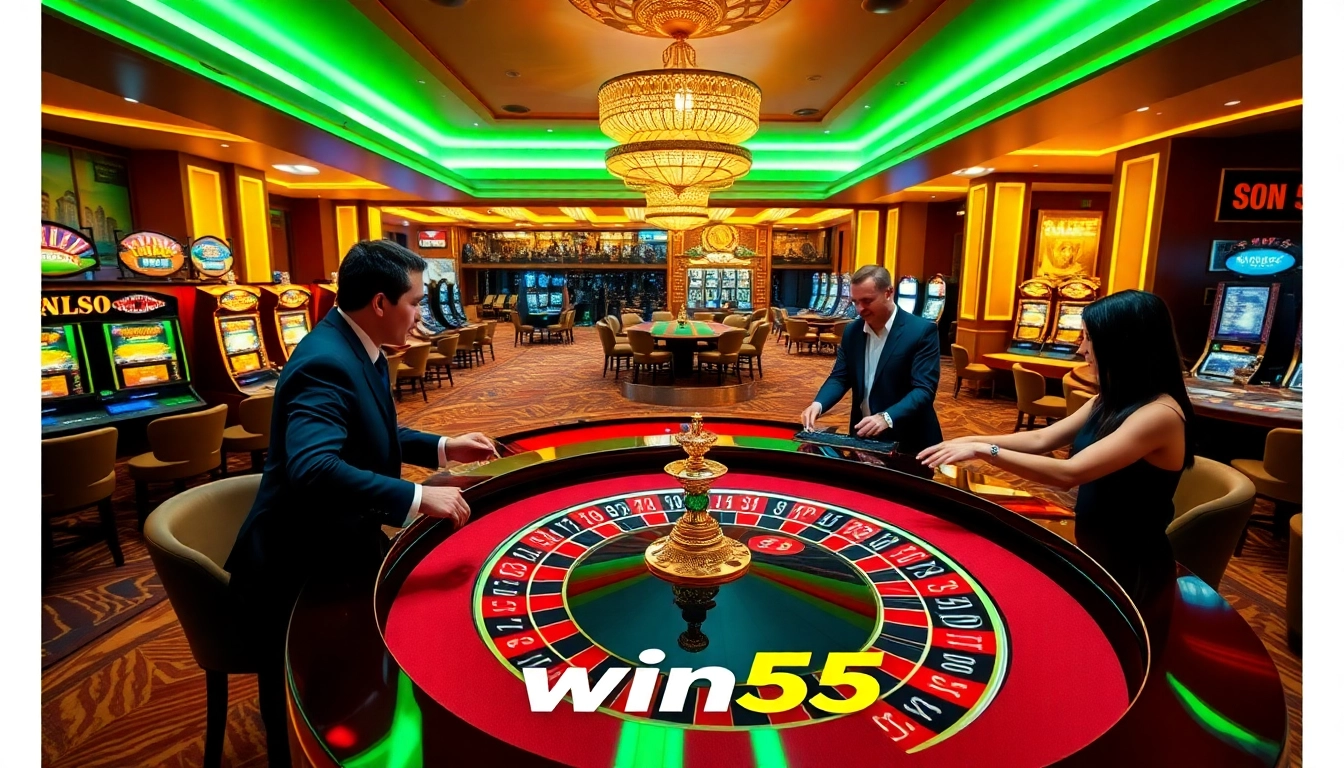 Experience the excitement at win55 casino with players engaged in thrilling roulette and slot games.