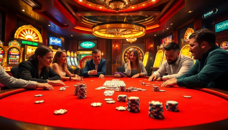High-stakes poker action at a luxurious casino table with enthusiastic players, featuring soibet branding visible.