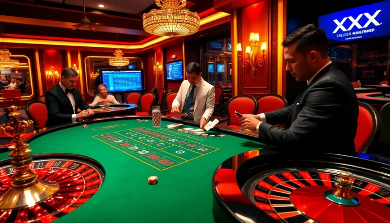 Exciting baccarat game at XX88 casino with players and luxury betting elements.