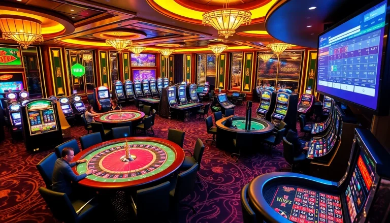 Exciting casino scene showcasing the Hi88 link interface with players engaged at tables.