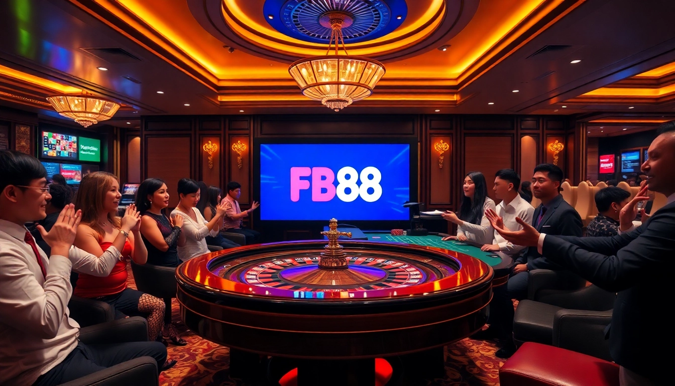 FB88 players engaged at a luxurious roulette table in a vibrant casino setting.