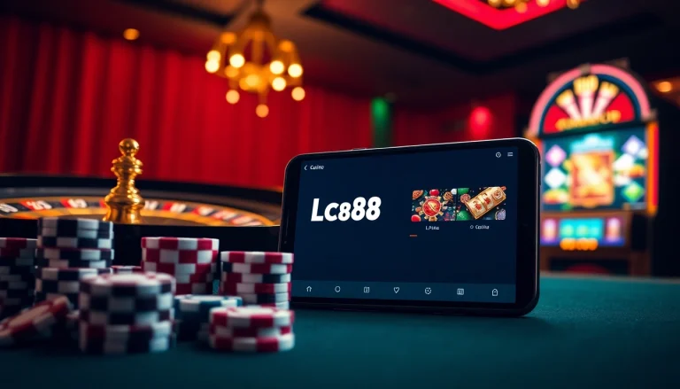 Experience the thrill of online gaming at https://lc88.art/, featuring poker chips and vibrant casino elements.
