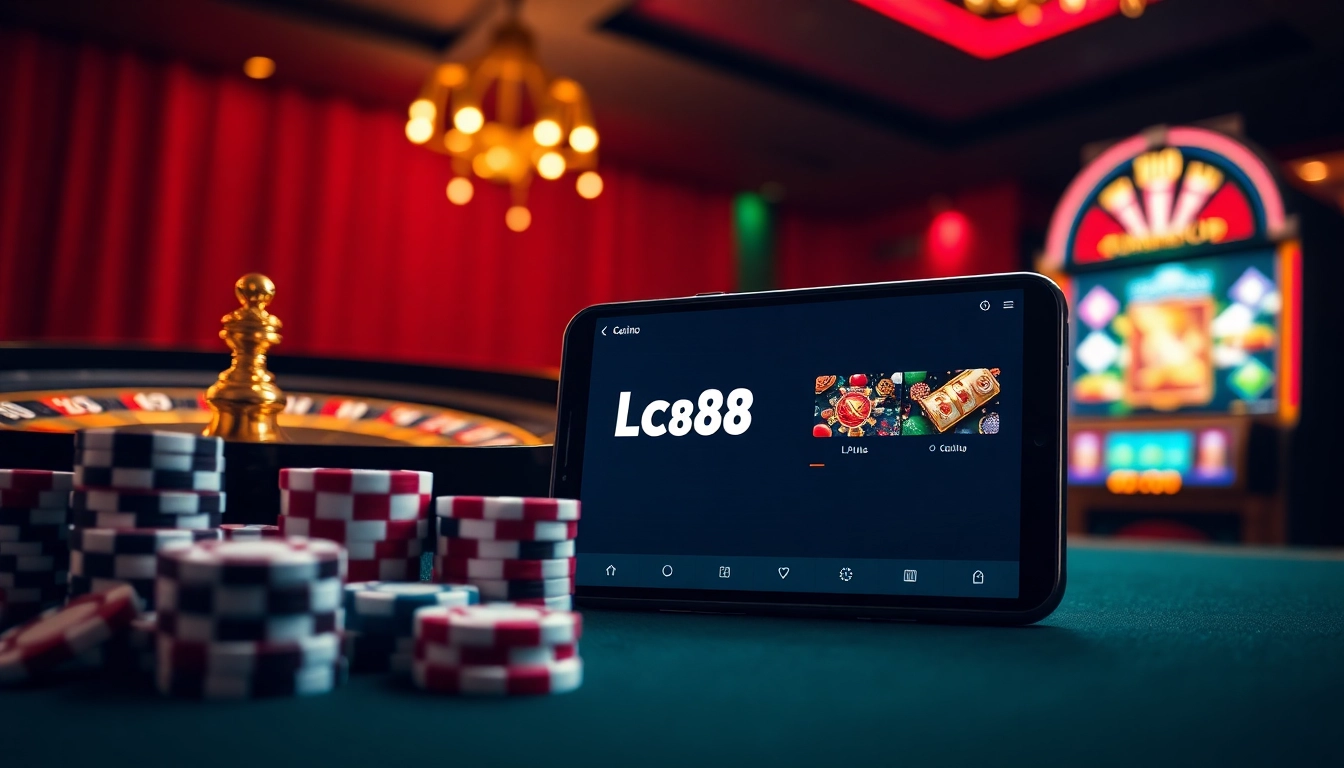 Experience the thrill of online gaming at https://lc88.art/, featuring poker chips and vibrant casino elements.