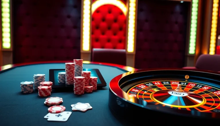 Experience thrilling gaming action with Vb88 as poker chips and cards come to life in a luxurious casino.