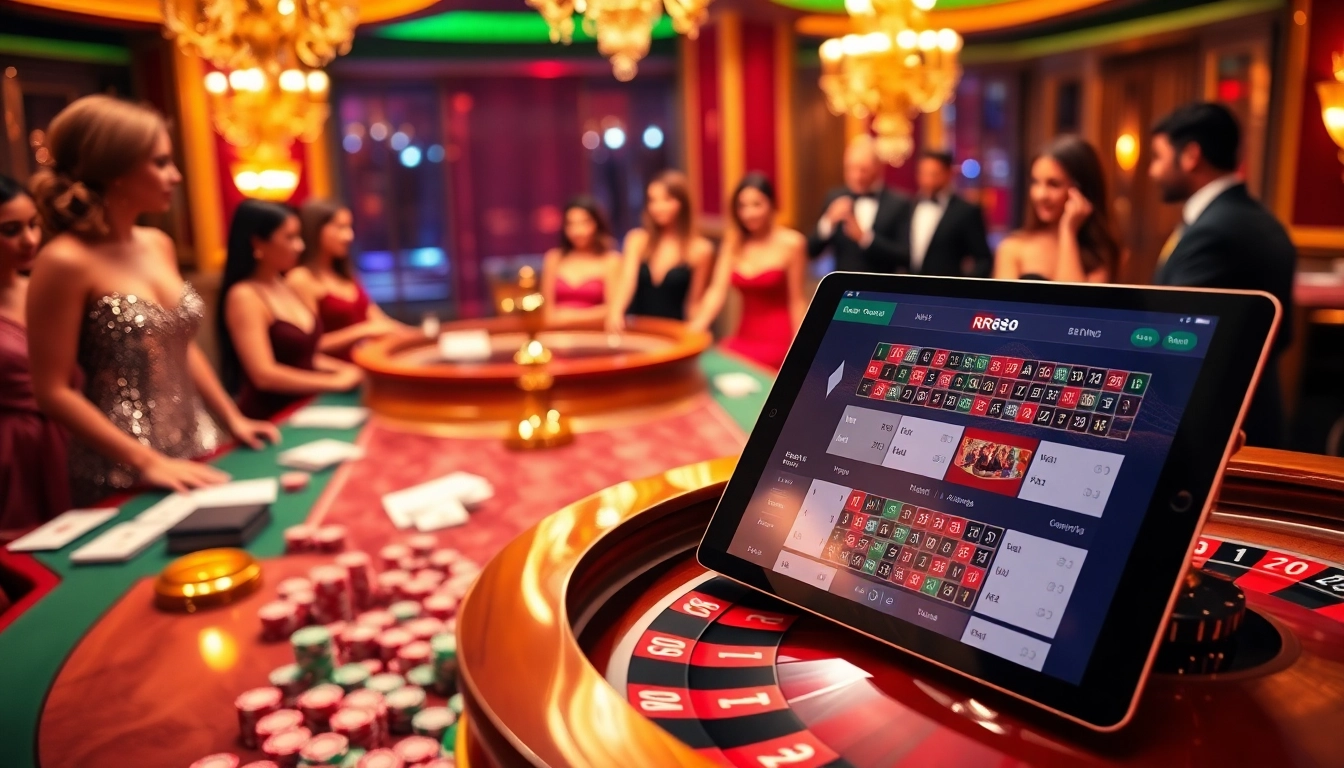 Engage in the excitement of RR88 at a luxurious casino table with roulette and vibrant betting chips.