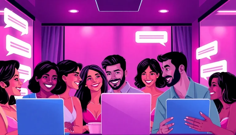 Engaging sex chat scene with diverse adults in a colorful virtual chat room.