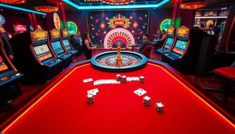 Experience the thrill of online gambling with MM88 at a luxurious poker table filled with vibrant chips and cards.