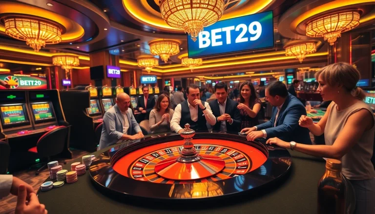 Experience the thrill of betting in the luxurious BET29 casino setting, filled with excitement and vibrant action.
