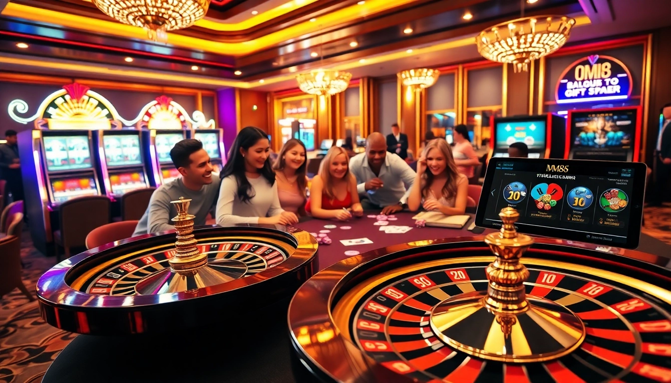 Players enjoying a vibrant casino experience at MM88, surrounded by poker chips and a roulette wheel.
