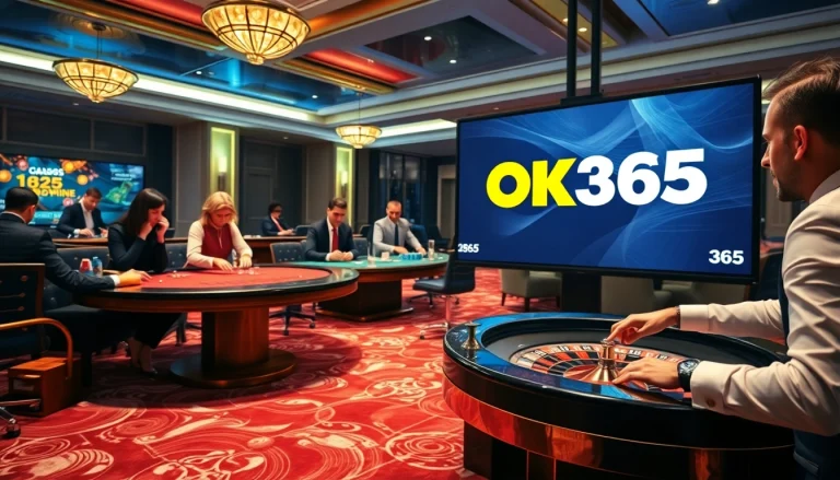 OK365 players strategizing at a luxury casino table, surrounded by vibrant chips and cards.