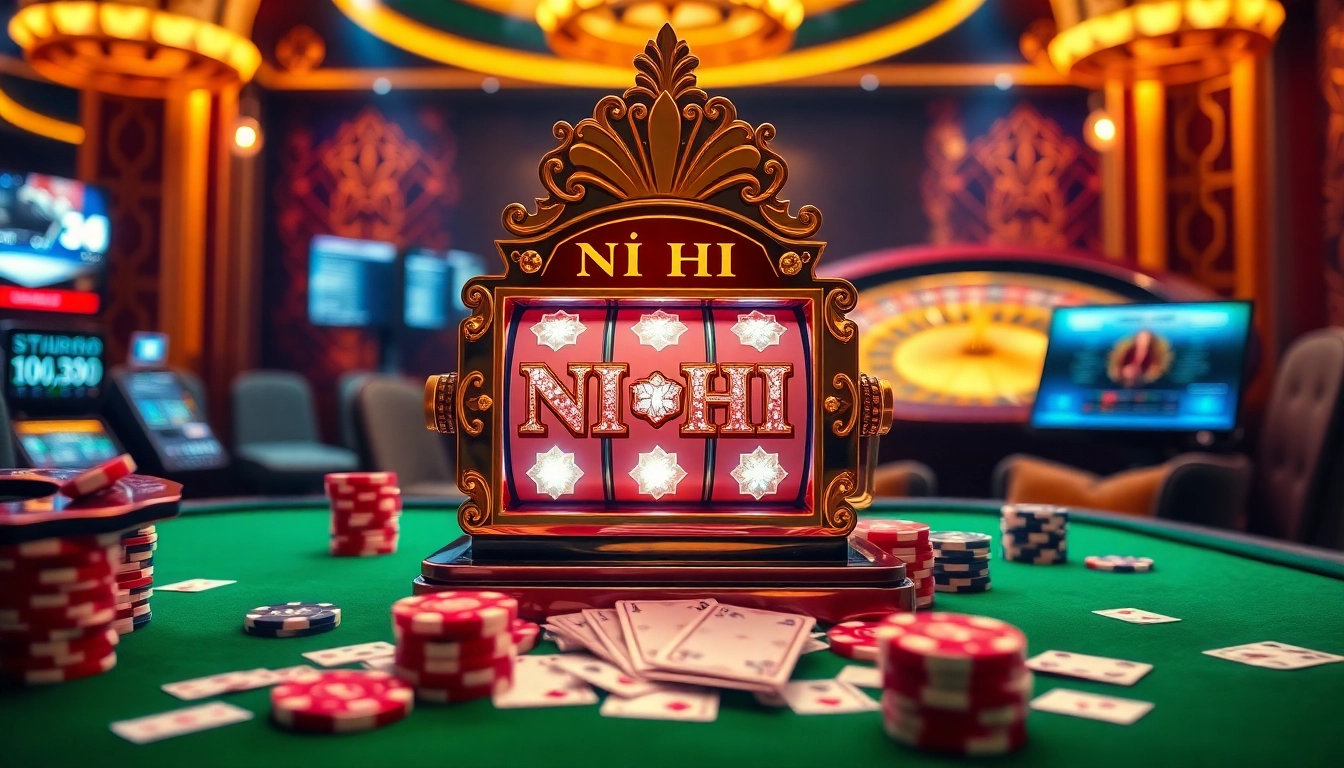 Engage with the exciting Nổ Hũ slot machine surrounded by vibrant casino elements, including cards and chips.
