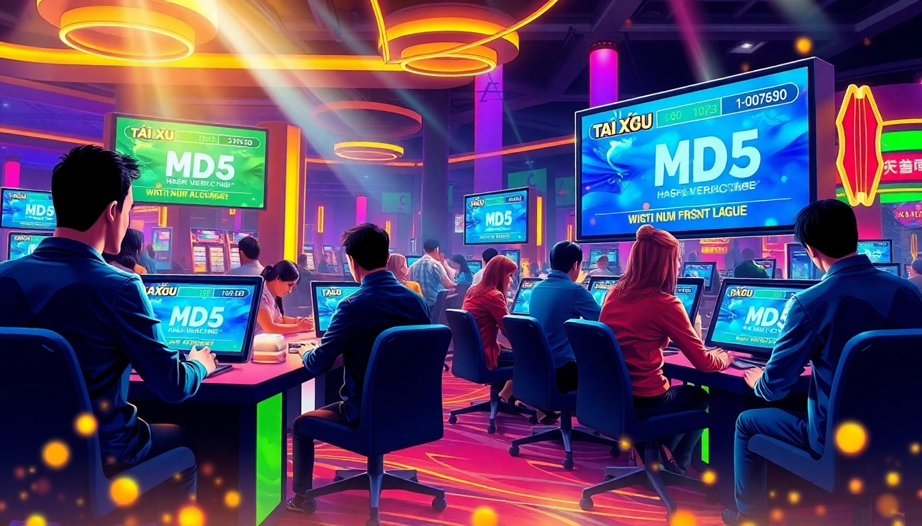 Engaged players at https://taixiumd5.world in a thrilling Tài Xỉu MD5 game, showcasing high-tech devices and vibrant digital graphics.
