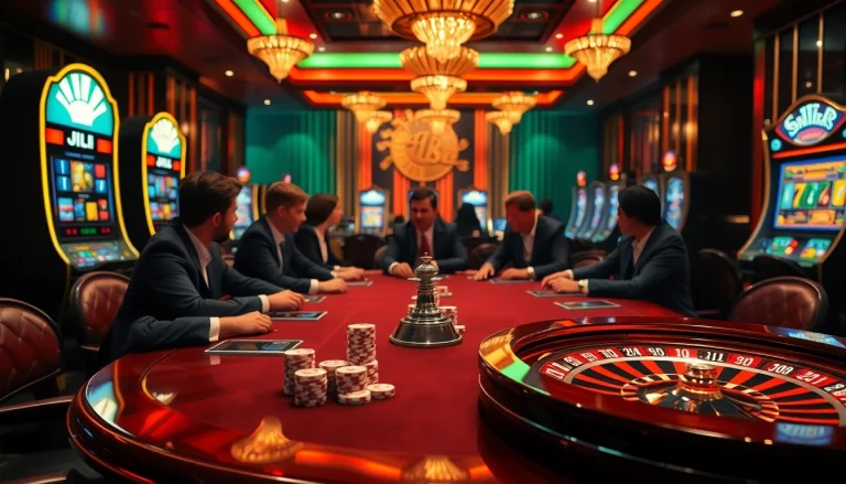 Players enjoy immersive JILI gaming experiences at a luxurious casino table with vibrant slots and poker chips.