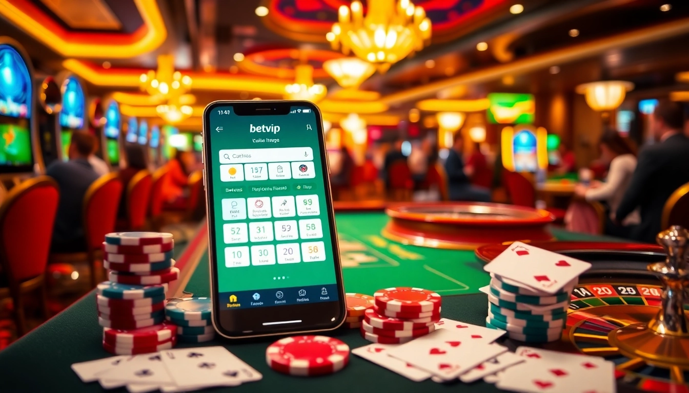 Trải nghiệm ứng dụng betvip trên điện thoại thông minh, được bao quanh bởi các yếu tố sòng bạc sôi động và cảm giác hứng khởi.
