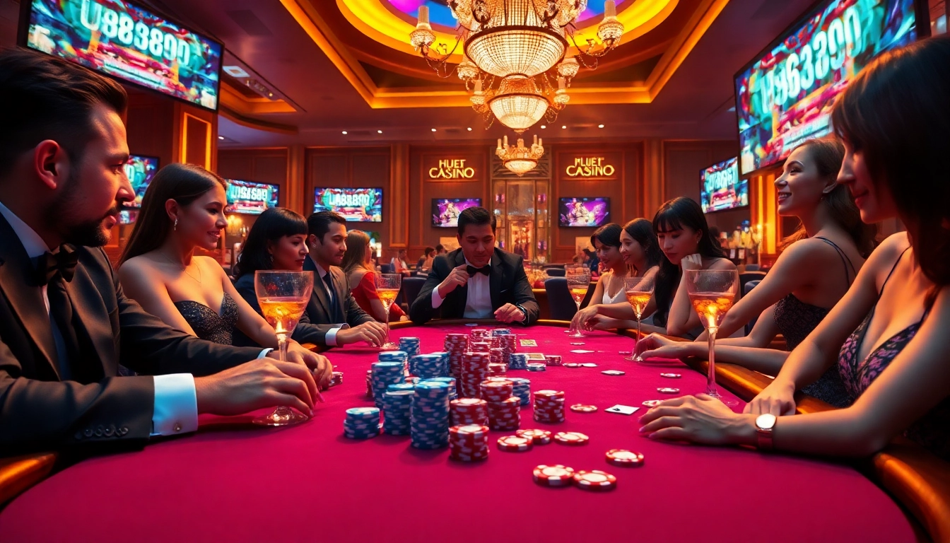 Players winning big at the U8888 poker table within a luxurious casino atmosphere