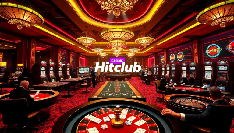 Hitclub casino scene with lively players at poker tables and vibrant slot machines.