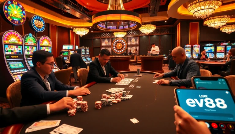 Experience thrilling action at the casino with link ev88, showcasing poker, slots, and bets.
