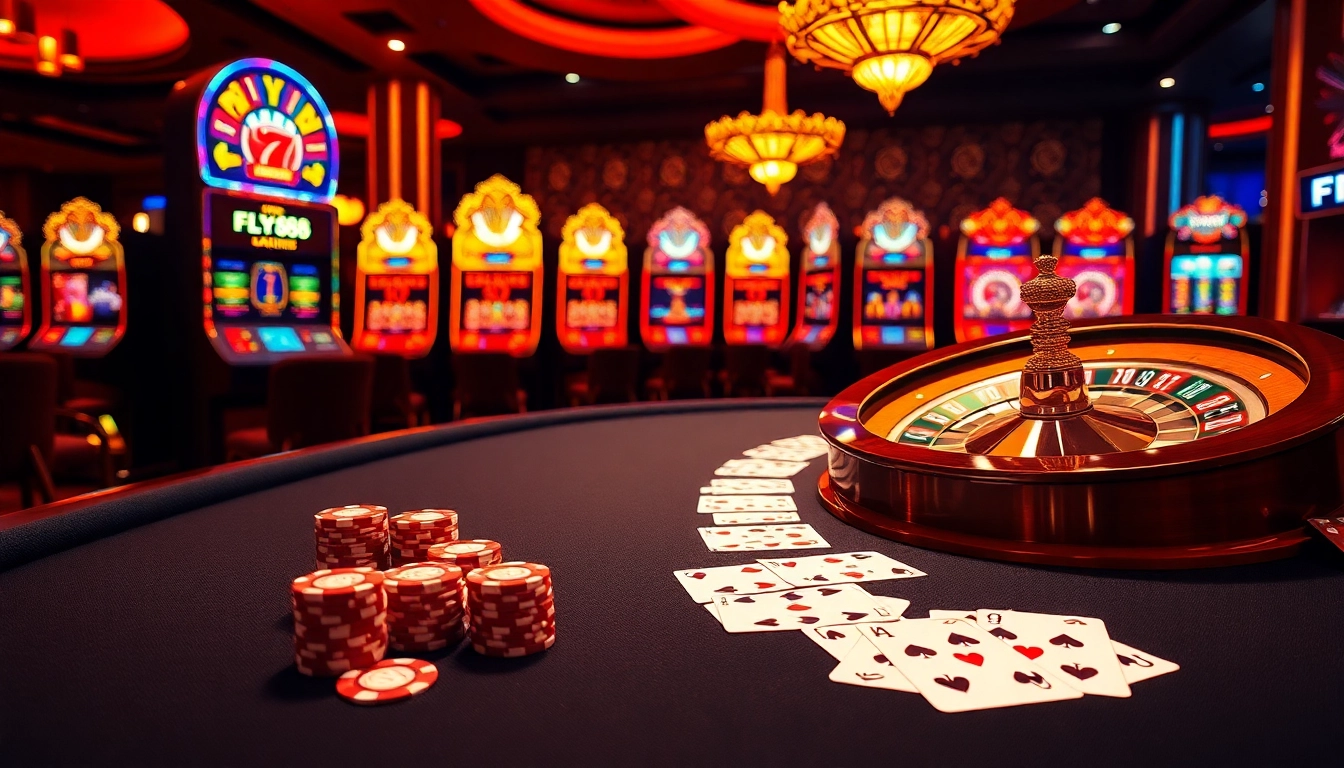 Engage in thrilling gaming vibes at FLY88 casino with luxury tables and colorful slot machines.