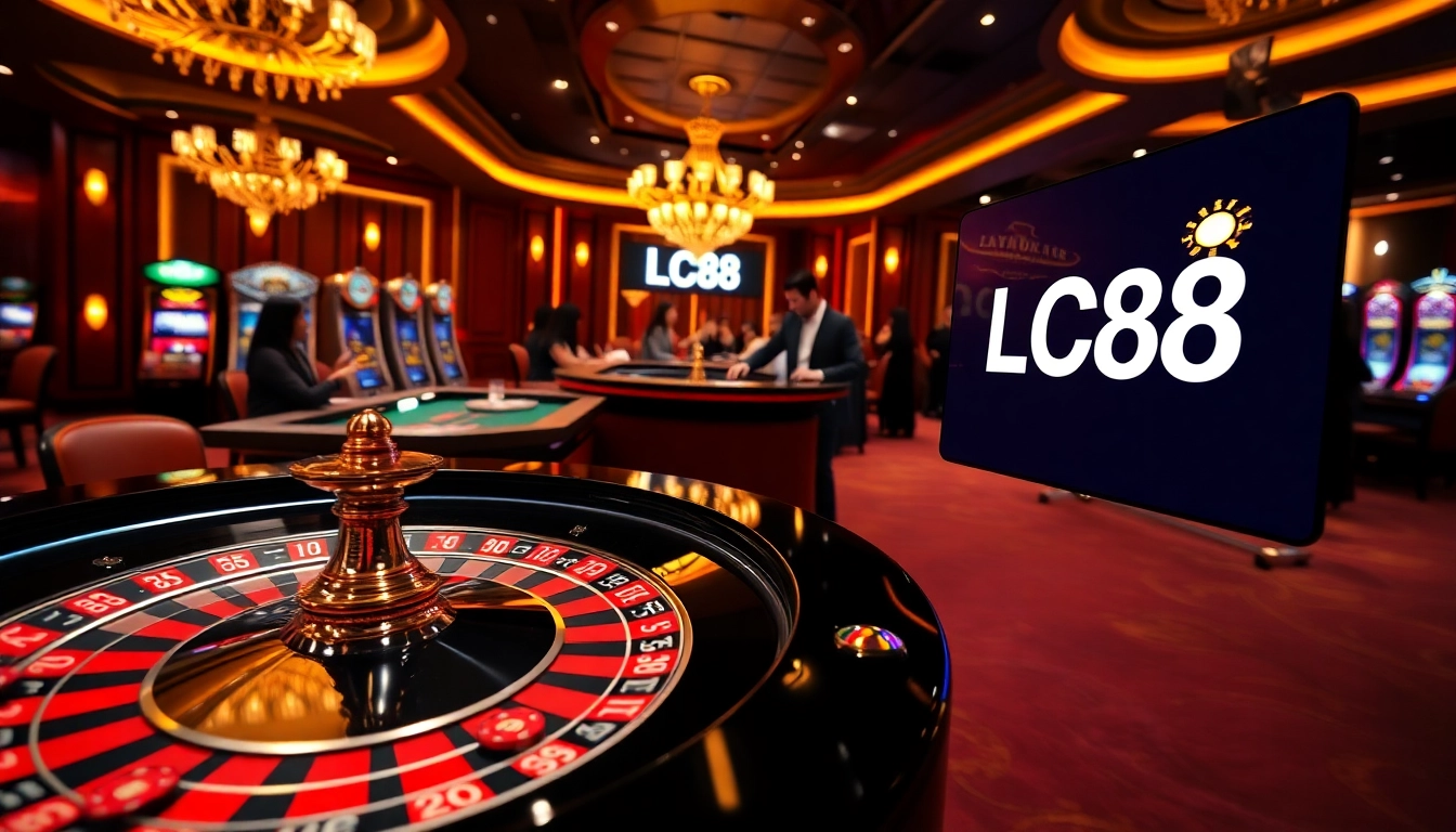 Engaging scene at LC88 casino with roulette, slot machines, and enthusiastic players celebrating wins.