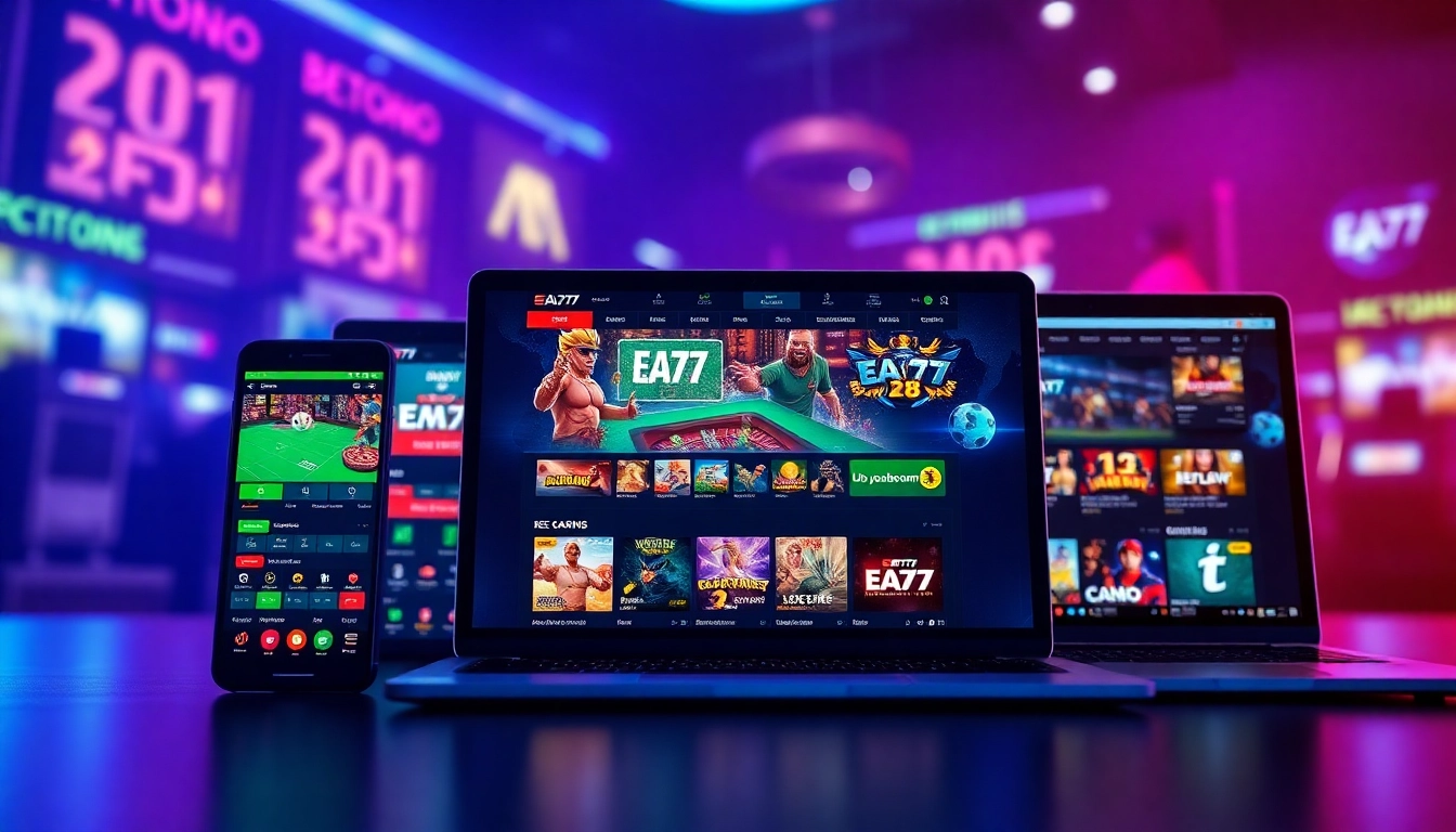 EA77 online gaming interface showcasing sports betting, live casino, and vibrant graphics.