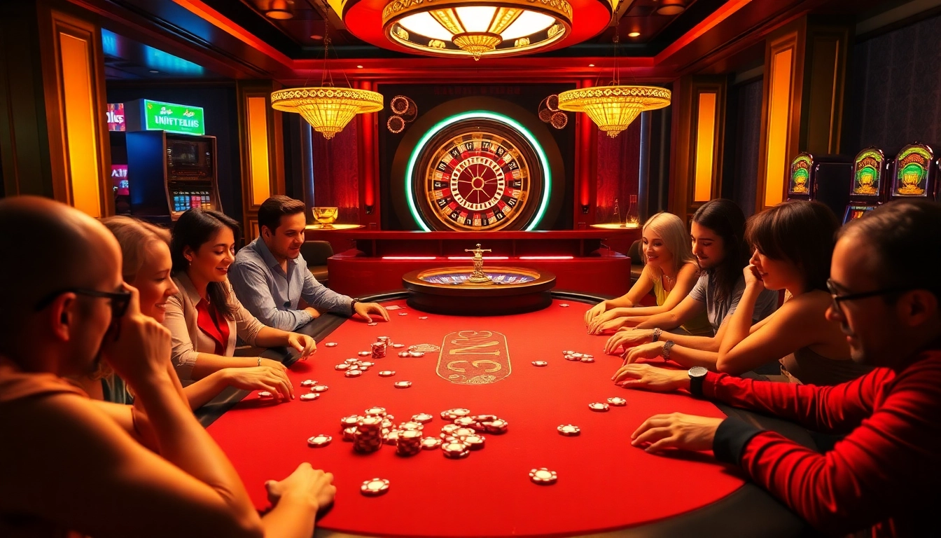 B52 Club vibrant casino scene with poker chips, roulette wheel, and lively players